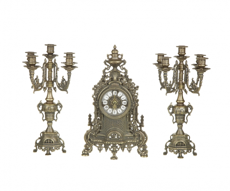 Каминные часы "Версаль" 42см с канделябрами 41см (латунь, антик) Италия