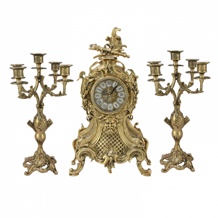 Каминные часы "Карранка Тападо" 46см с канделябрами 38см (бронза, золото) Португалия