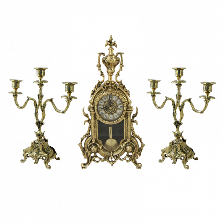 Каминные часы с маятником "Инес" 38см с канделябрами 31см (бронза, золото) Португалия