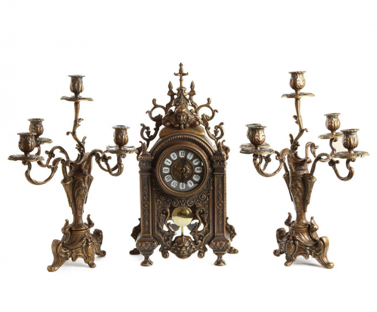 Каминные часы "Рафаэль" 45см и 2 канделябра 42см (латунь, антик) Италия