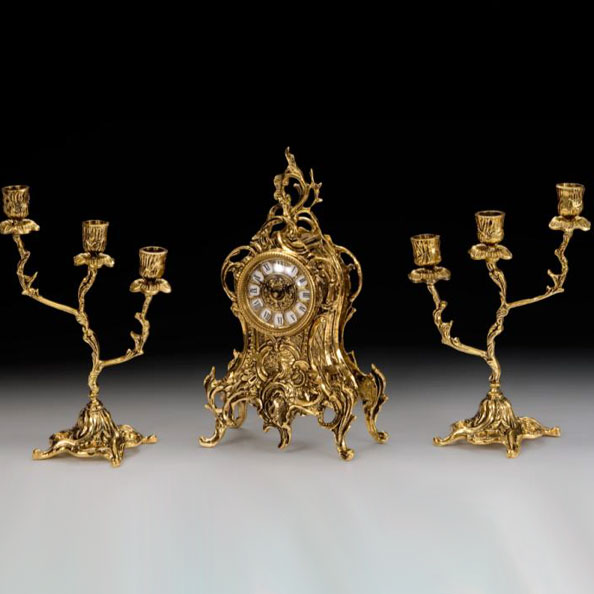 Часы каминные "Пламя" h35см с канделябрами h31см (бронза, золото) Испания