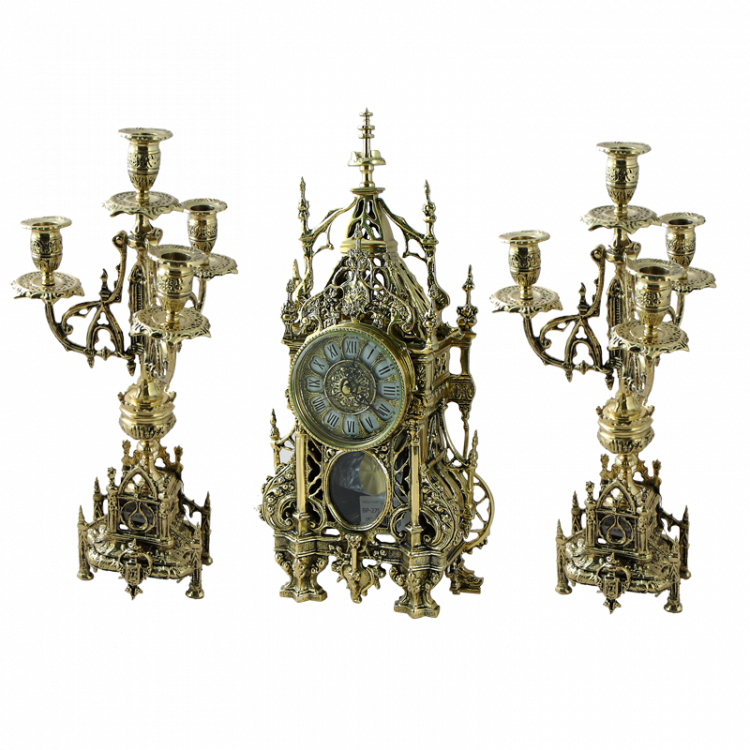 Каминные часы "Готико" с маятником 45см с канделябрами 44см (бронза, золото) Португалия