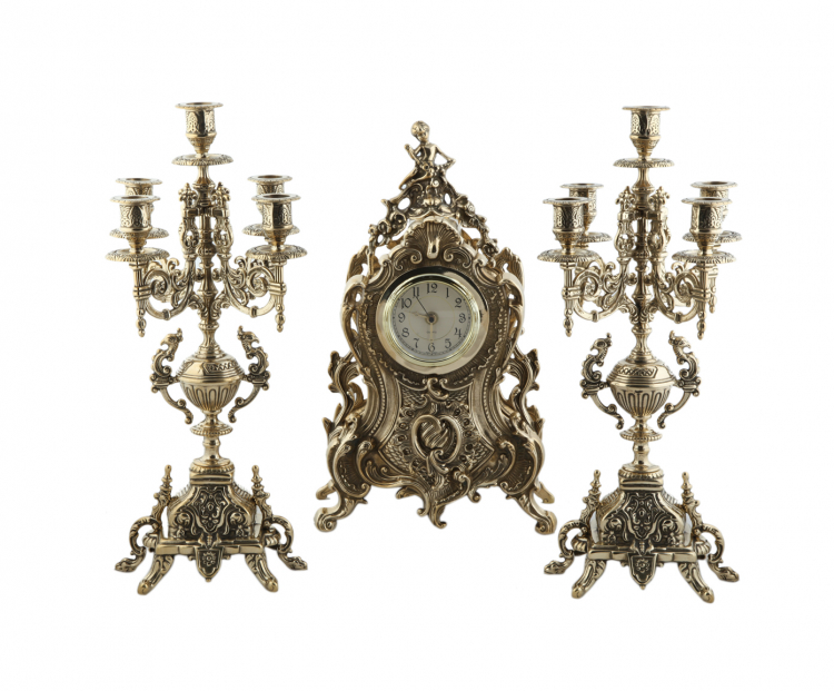 Часы "Луара" 40см и 2 канделябра 43см для камина (латунь, золото) Италия